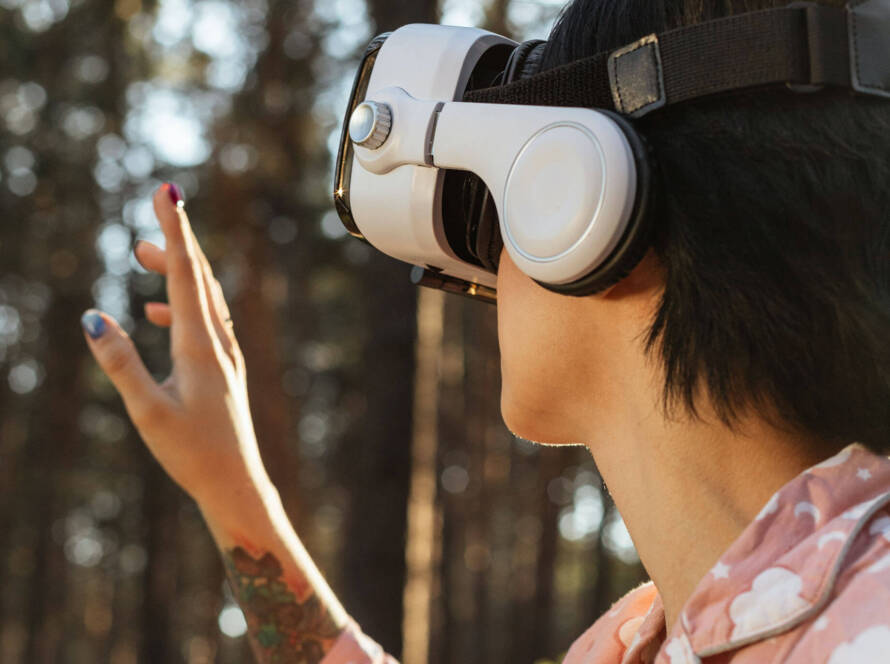 A person wearing a pair of goggles in the forest