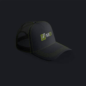 A black hat with a yellow logo on it
