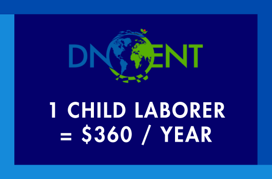 A blue banner with the words " dment 1 child laborer = $ 3 6 0 / year ".