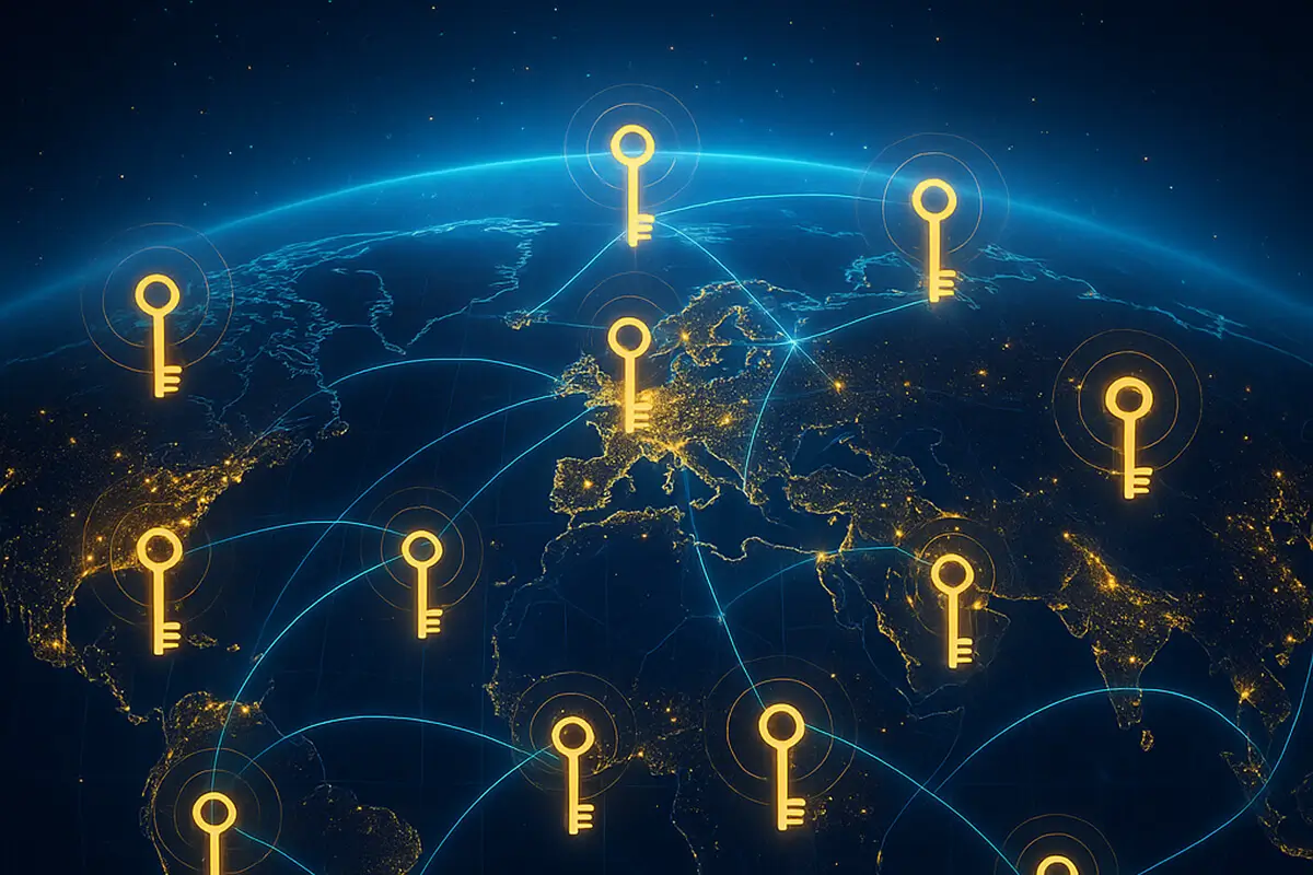 Digital keys over illuminated global map.